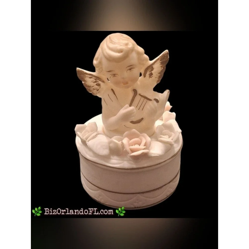 VINTAGE: Porcelain Trinket Jewelry Box Angel Playing Harp Lid Applied Roses HTF